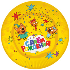 Тарелки (7''/18 см) Три Кота, С Днем Рождения! Желтый, 6 шт.